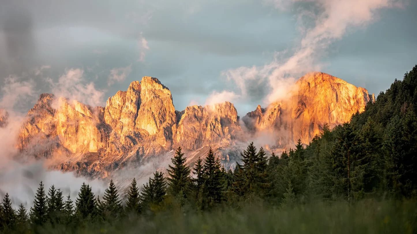 Il Catinaccio illuminato dall'enrosadira sopra i boschi delle Dolomiti